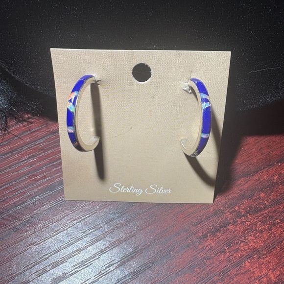 Dark Blue Lab Opal Inlay Hoop Earrings - Picture 1 of 6